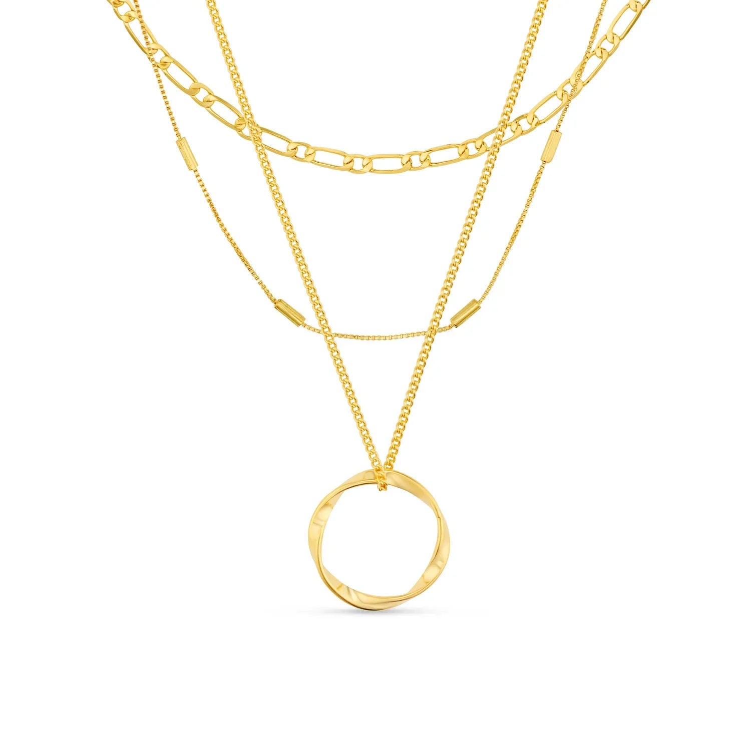 Open Circle Three Row Necklace | 18k Gold Tone