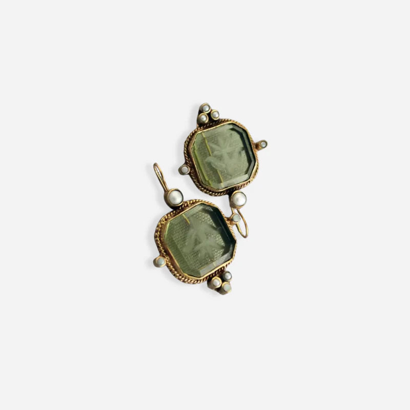 Mable Vintage Earrings with Green Stone and Pearl