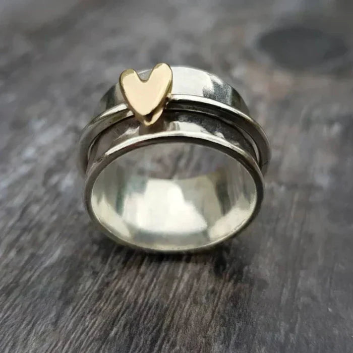 Boho Silver Ring with Gold Heart