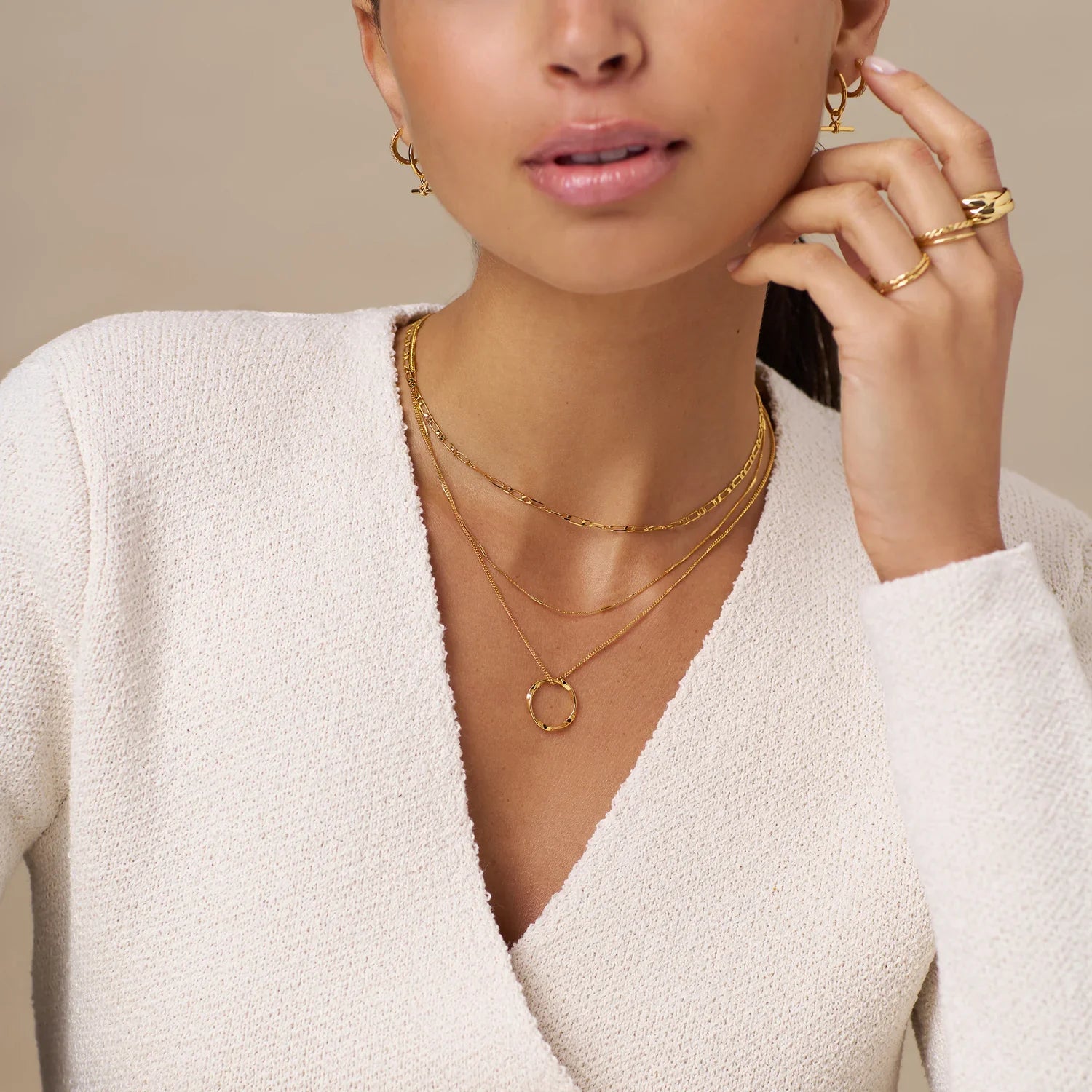 Open Circle Three Row Necklace | 18k Gold Tone