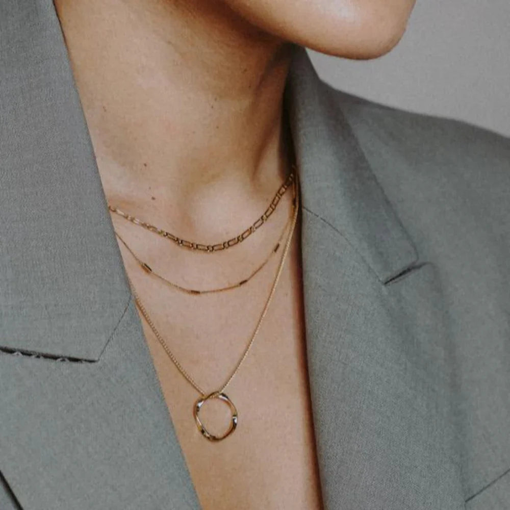 Open Circle Three Row Necklace | 18k Gold Tone
